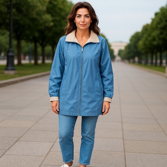 London Fog M Blue Coat Women Rain Jacket Raincoat Hooded Lined Pockets EUC - Picture 1 of 16